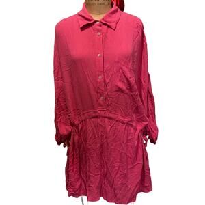 Elan Oversized 3/4 Sleeves Drawstring Tie Side Blouson Mini Dress Pink Size M